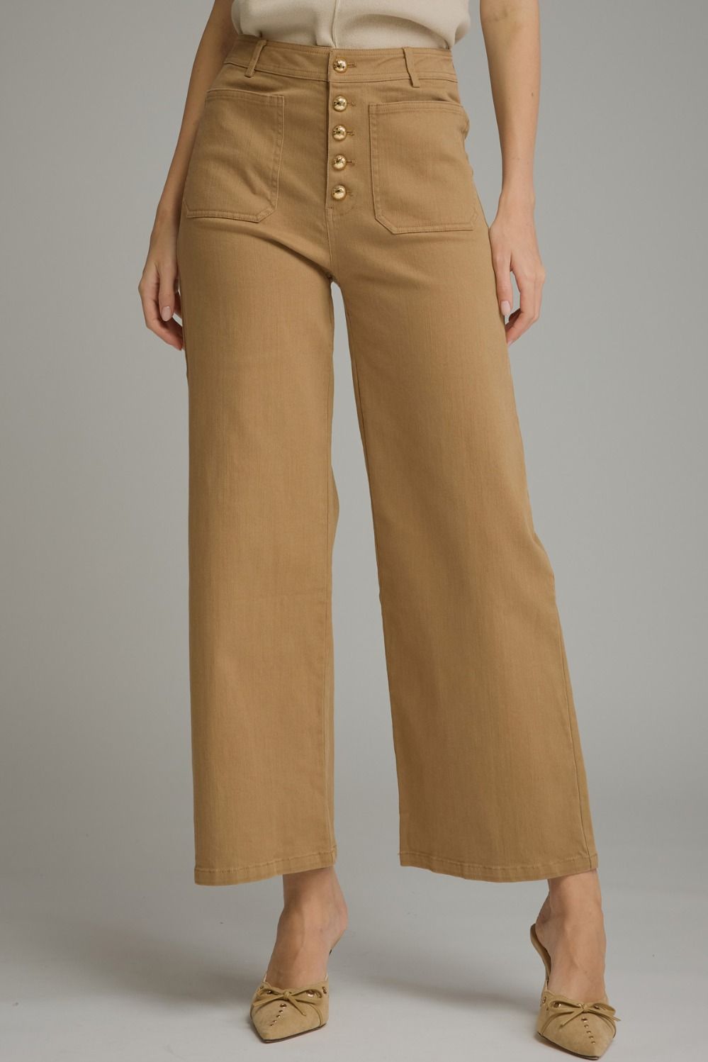 ENTRO Solid Wide Legged Pants With Gold Button Detail In Tan