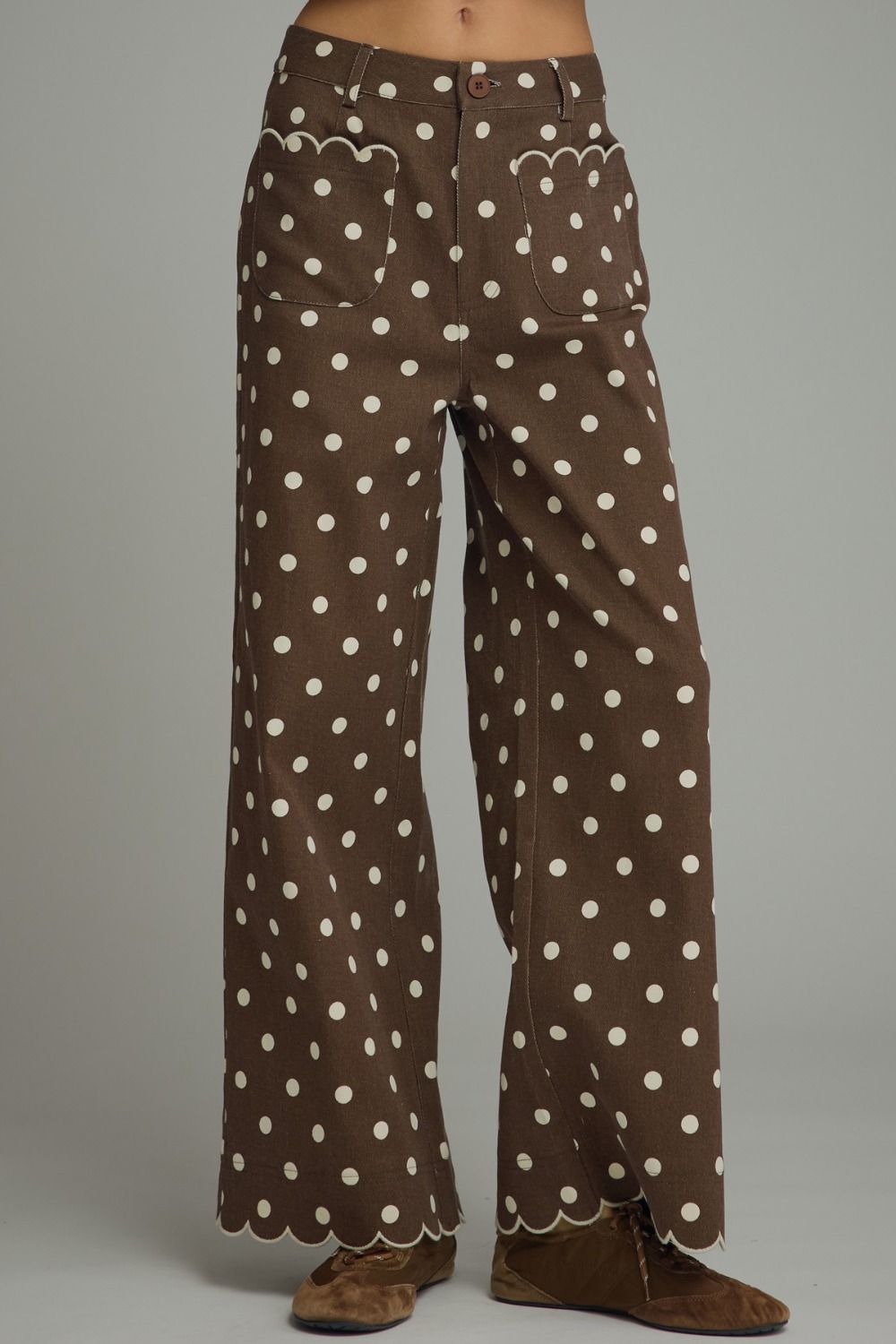 ENTRO Polka Dot Wide Leg Pants In Brown