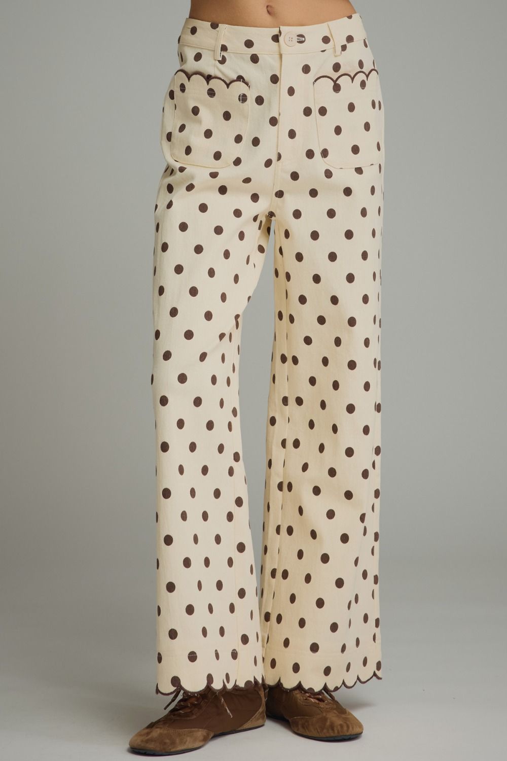 ENTRO Polka Dot Wide Leg Pants In Ecru