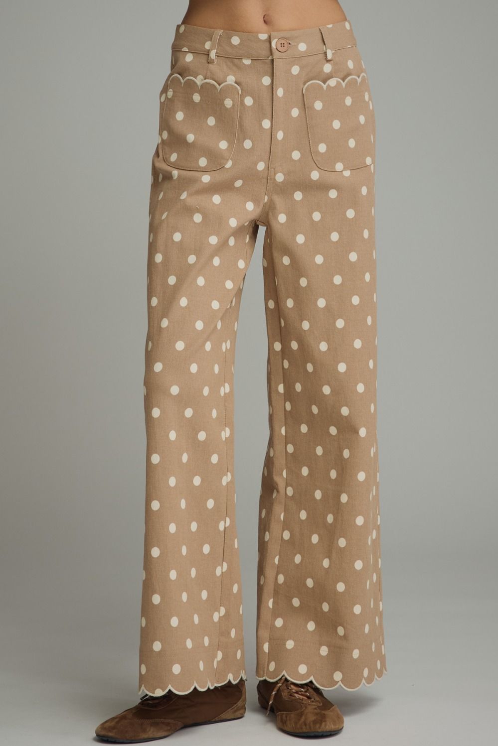 ENTRO Polka Dot Wide Leg Pants In Latte
