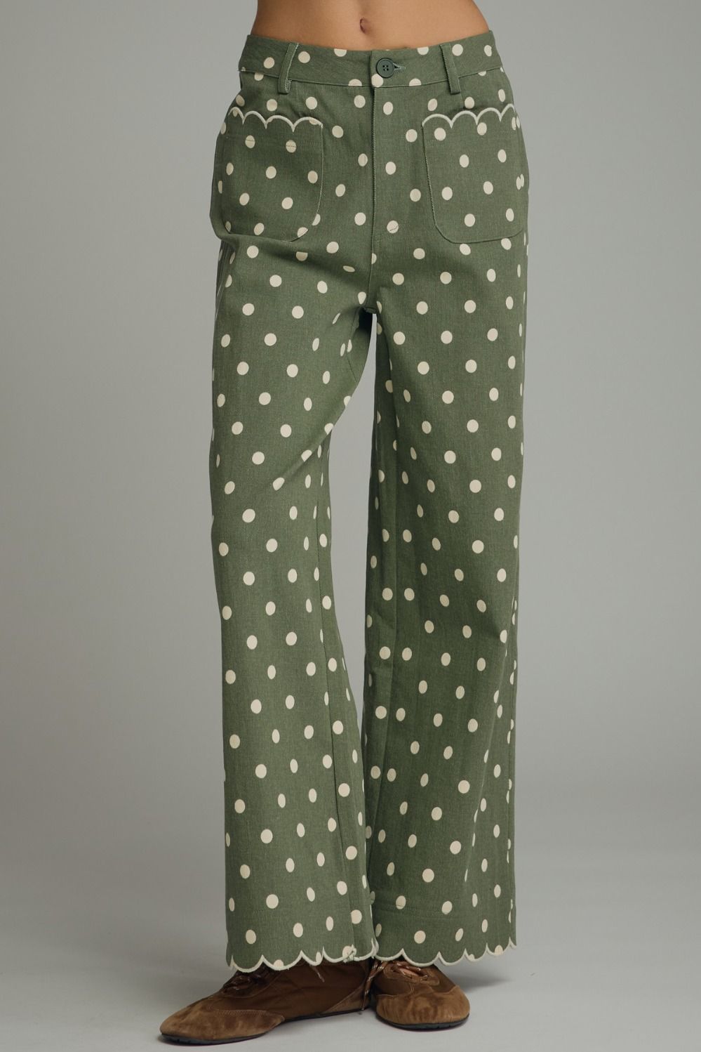 ENTRO Polka Dot Wide Leg Pants In Olive