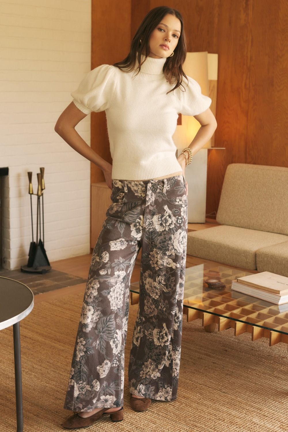 ENTRO Floral Wide Leg Pant In Brown