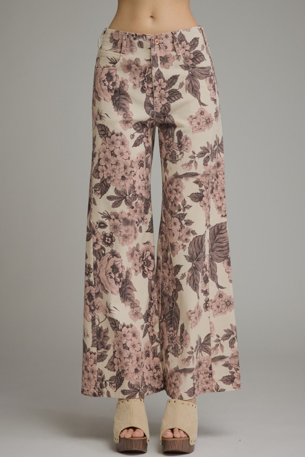 ENTRO Floral Wide Leg Pant In Ecru Blush