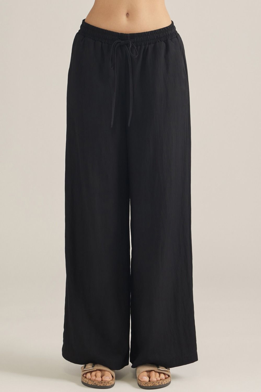 ENTRO Solid Drawstring Waist Linen Pant In Black
