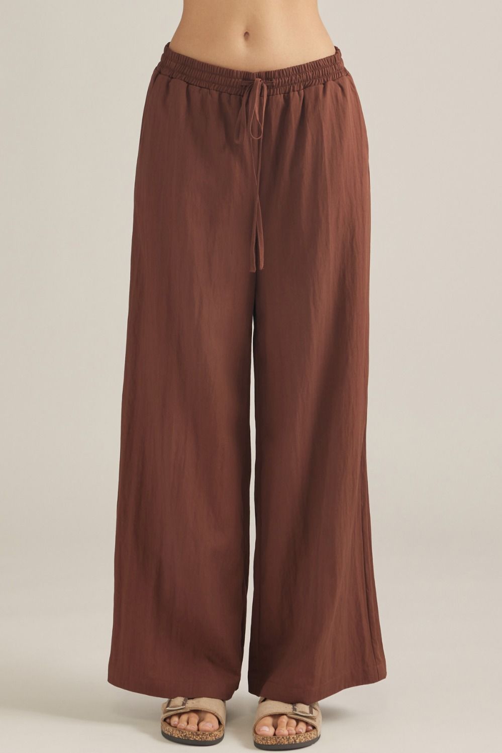 ENTRO Solid Drawstring Waist Linen Pant In Cinnamon