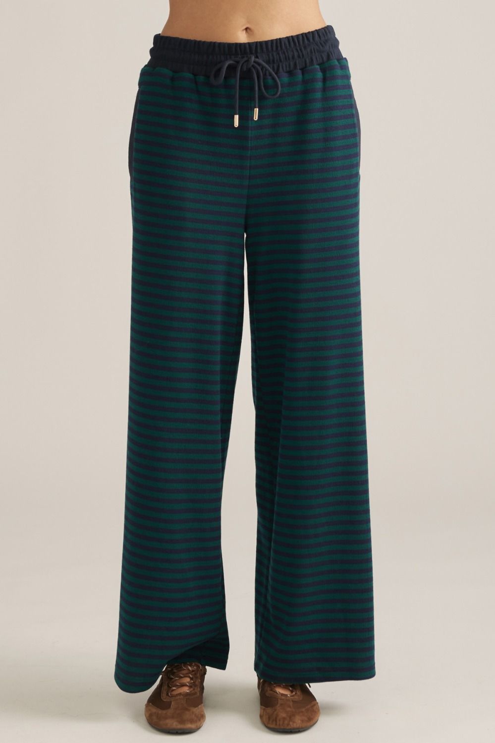 ENTRO Striped Wide Leg Elastic Waist Pant In Hunter Green *COMING SOON*