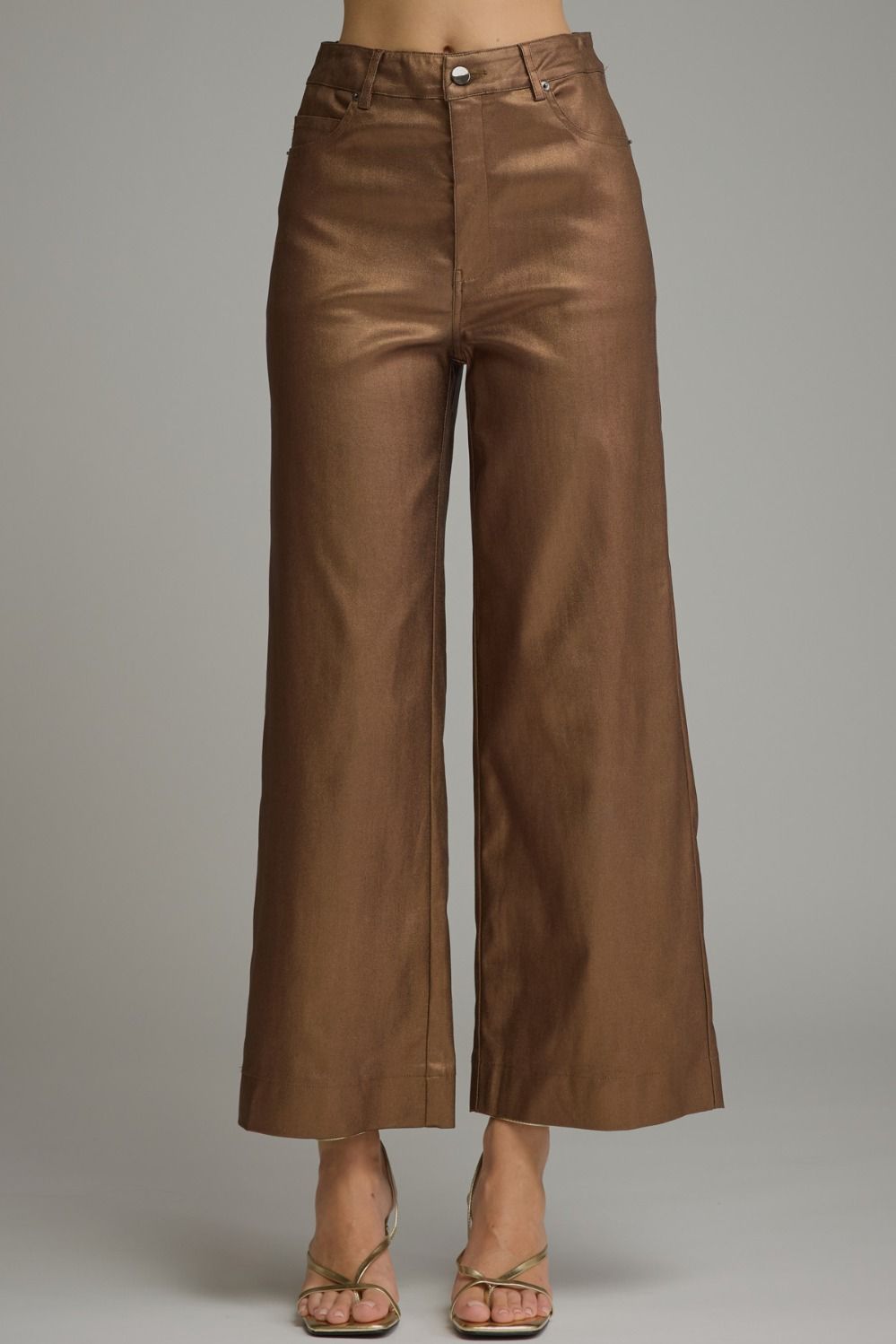 ENTRO Solid Wide Leg Pants In Metallic Brown