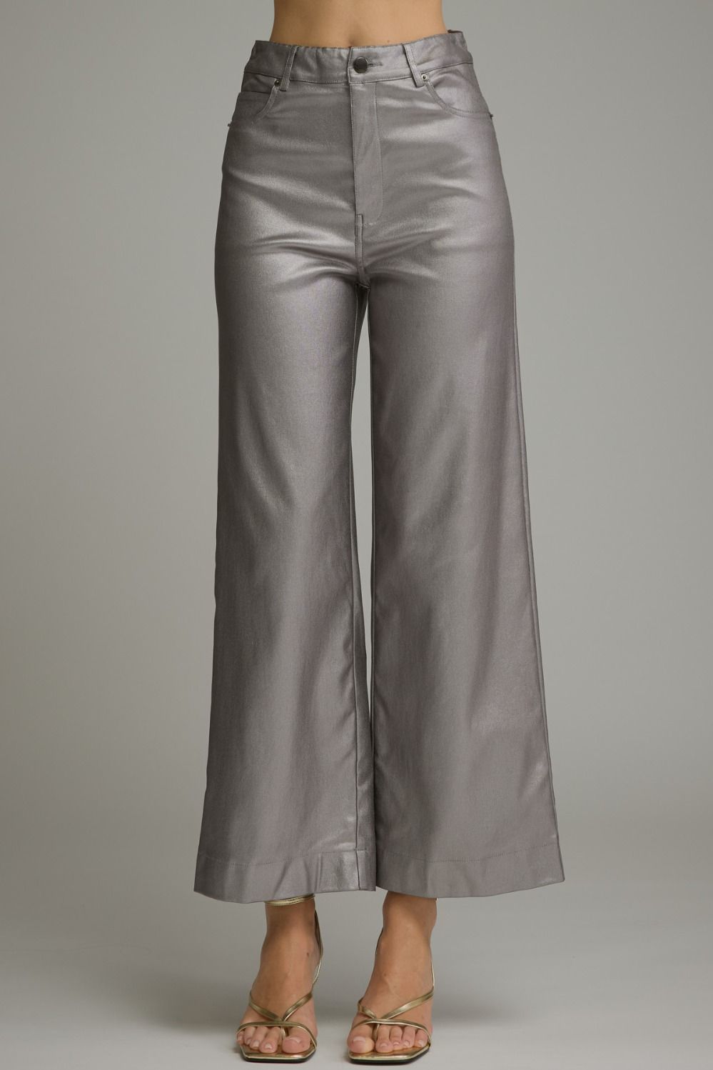 ENTRO Solid Wide Leg Pants In Metallic Grey