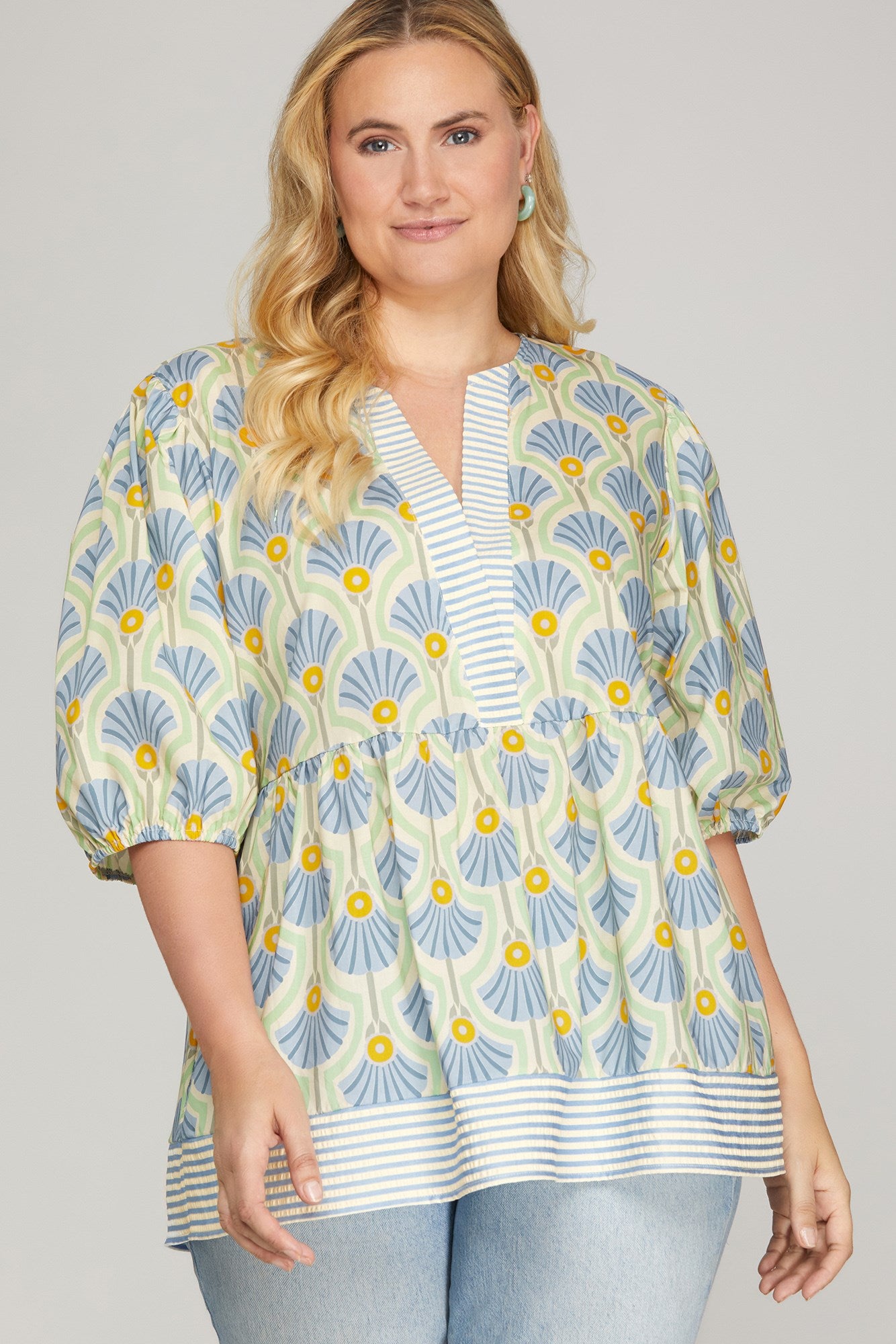 She + Sky Half Sleeve Woven Print Top With Stripe Contrast In Blue PLUS Sizes *COMING SOON*