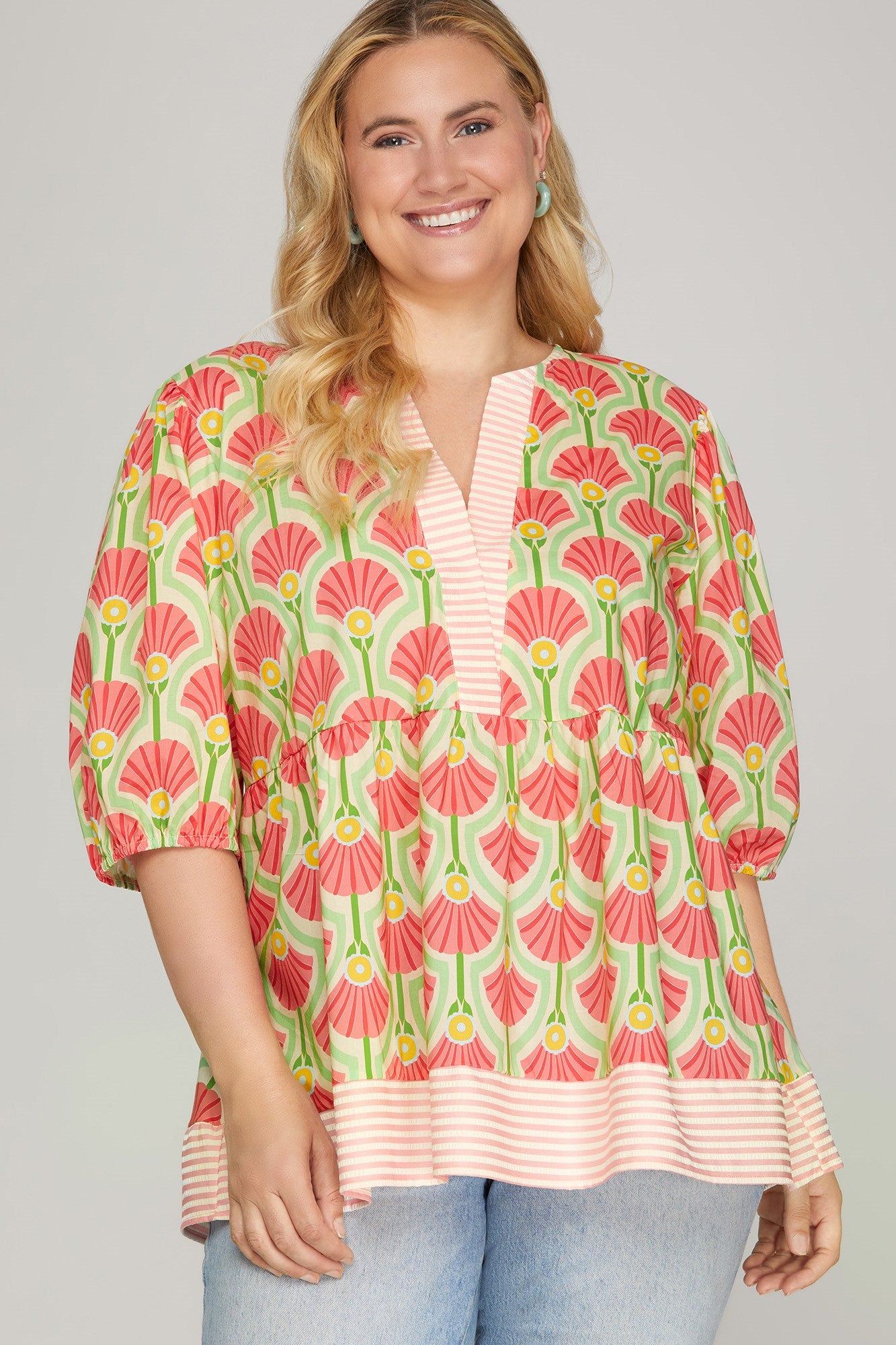 She + Sky Half Sleeve Woven Print Top With Stripe Contrast In Pink PLUS Sizes *COMING SOON*