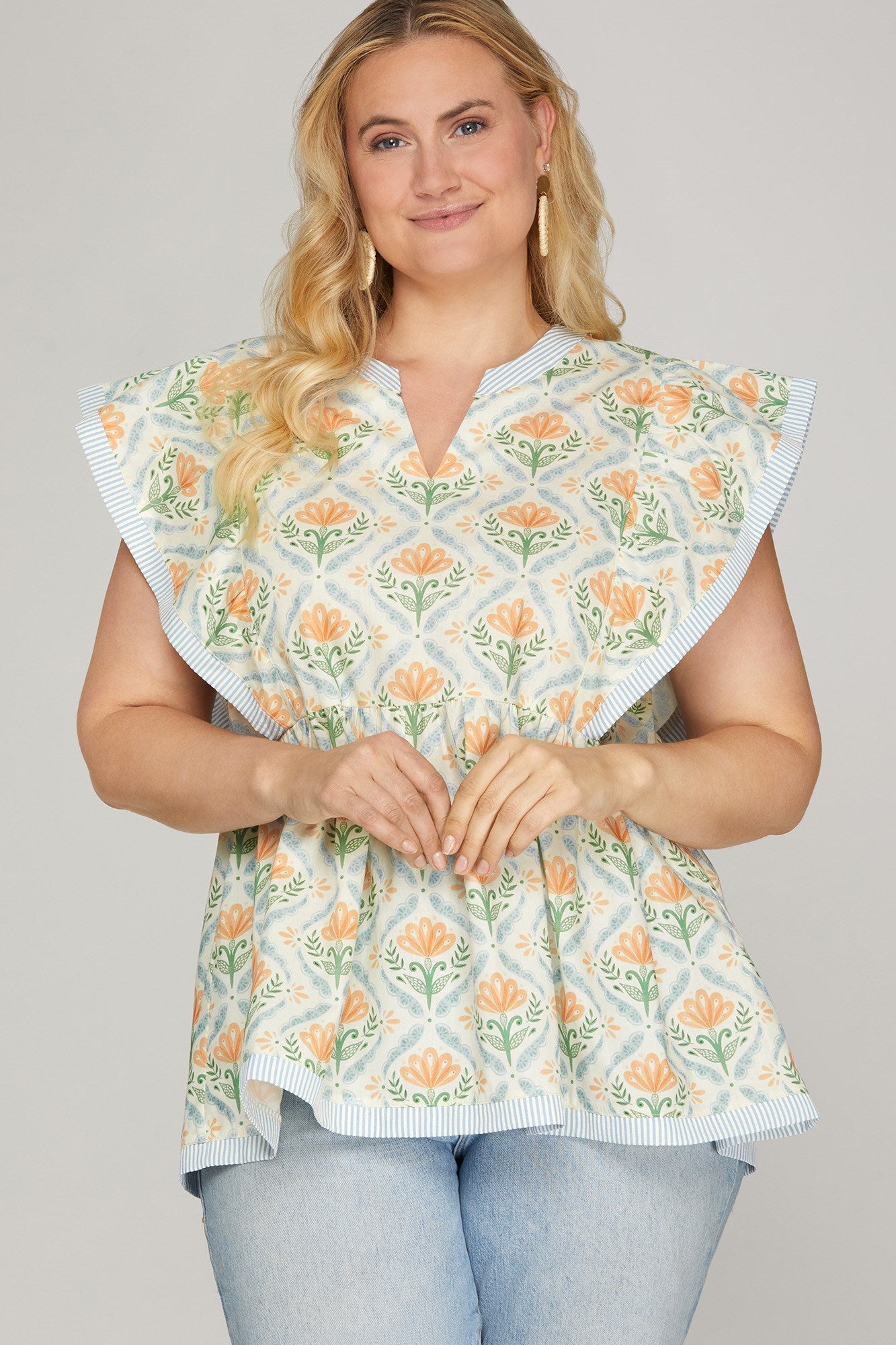 She + Sky Flutter Sleeve Printed Top In Light Blue PLUS Sizes *COMING SOON*