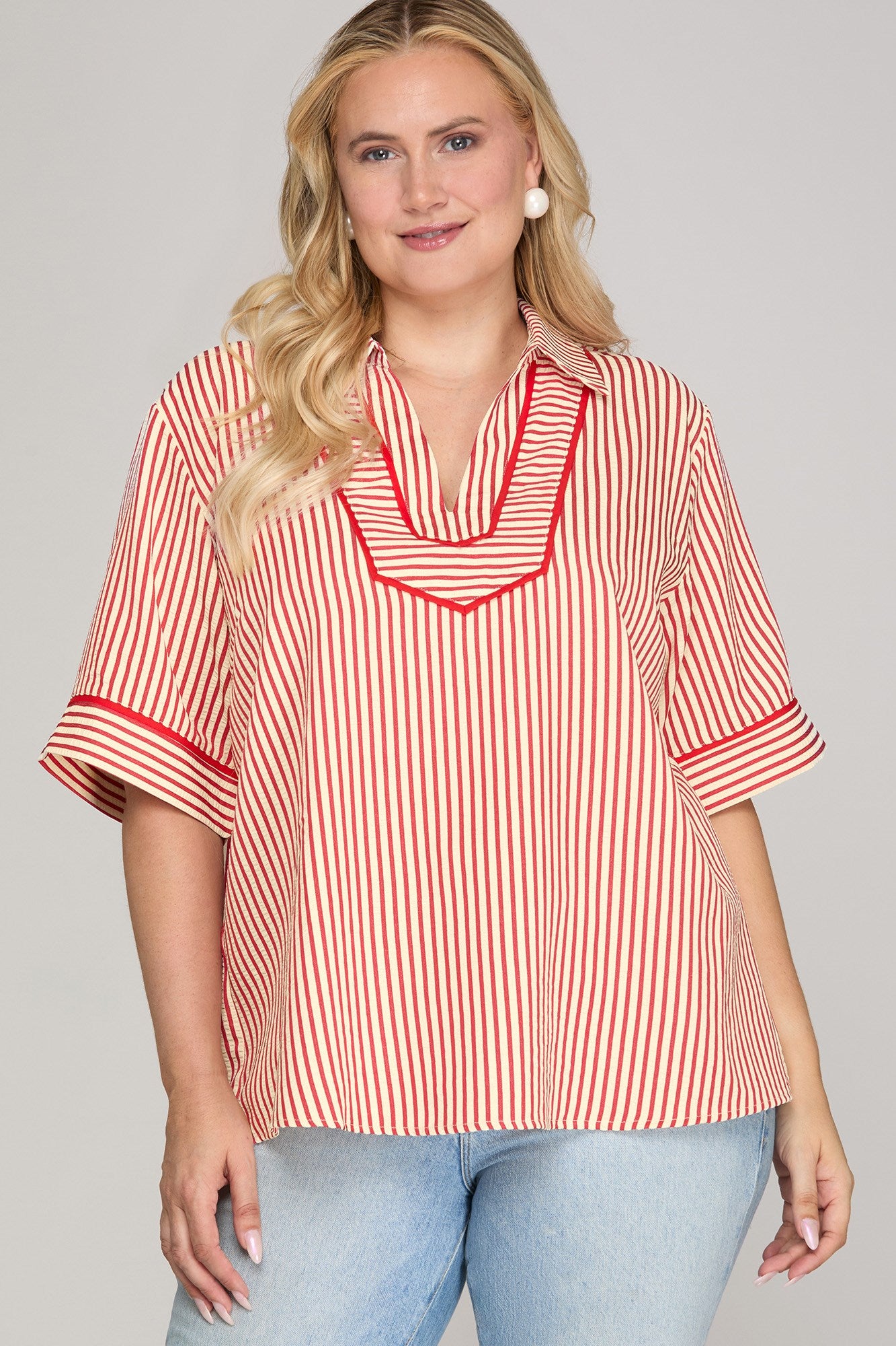 She + Sky Half Sleeve Collared Stripe Top In Red PLUS Sizes *COMING SOON*