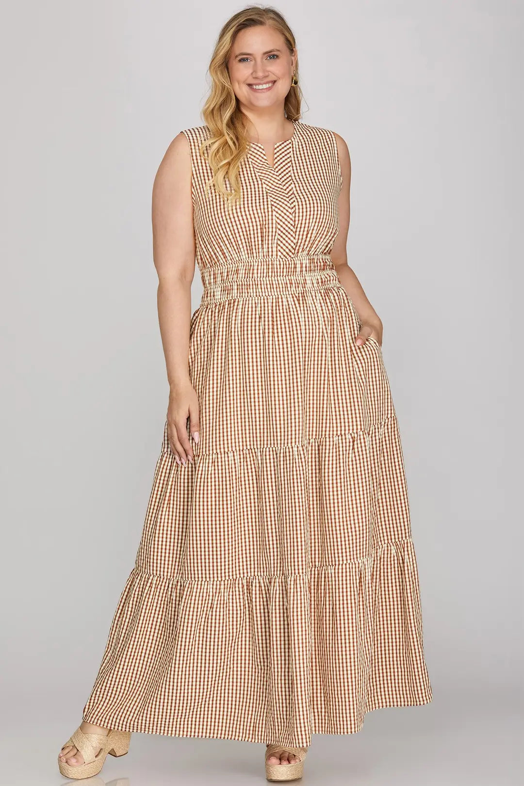 She + Sky Sleeveless Gingham Tiered Maxi Dress In Brown PLUS Sizes *COMING SOON*