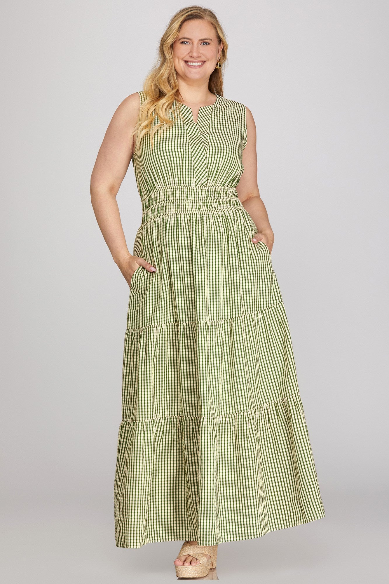 She + Sky Sleeveless Gingham Tiered Maxi Dress In Green PLUS Sizes *COMING SOON*