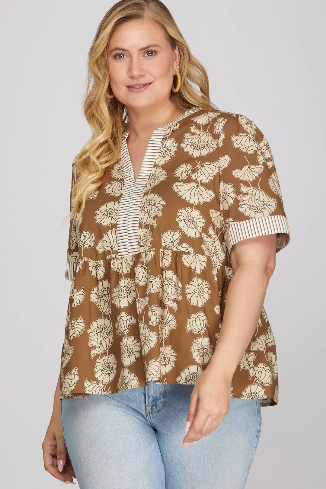 She + Sky Botanical Print Short Sleeve Top In Caramel PLUS Sizes *COMING SOON*