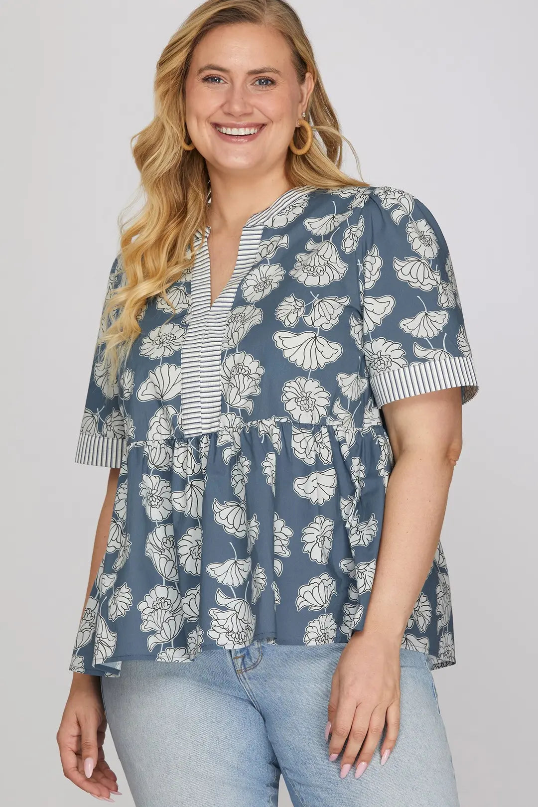 She + Sky Botanical Print Short Sleeve Top In Dusty Blue PLUS Sizes *COMING SOON*