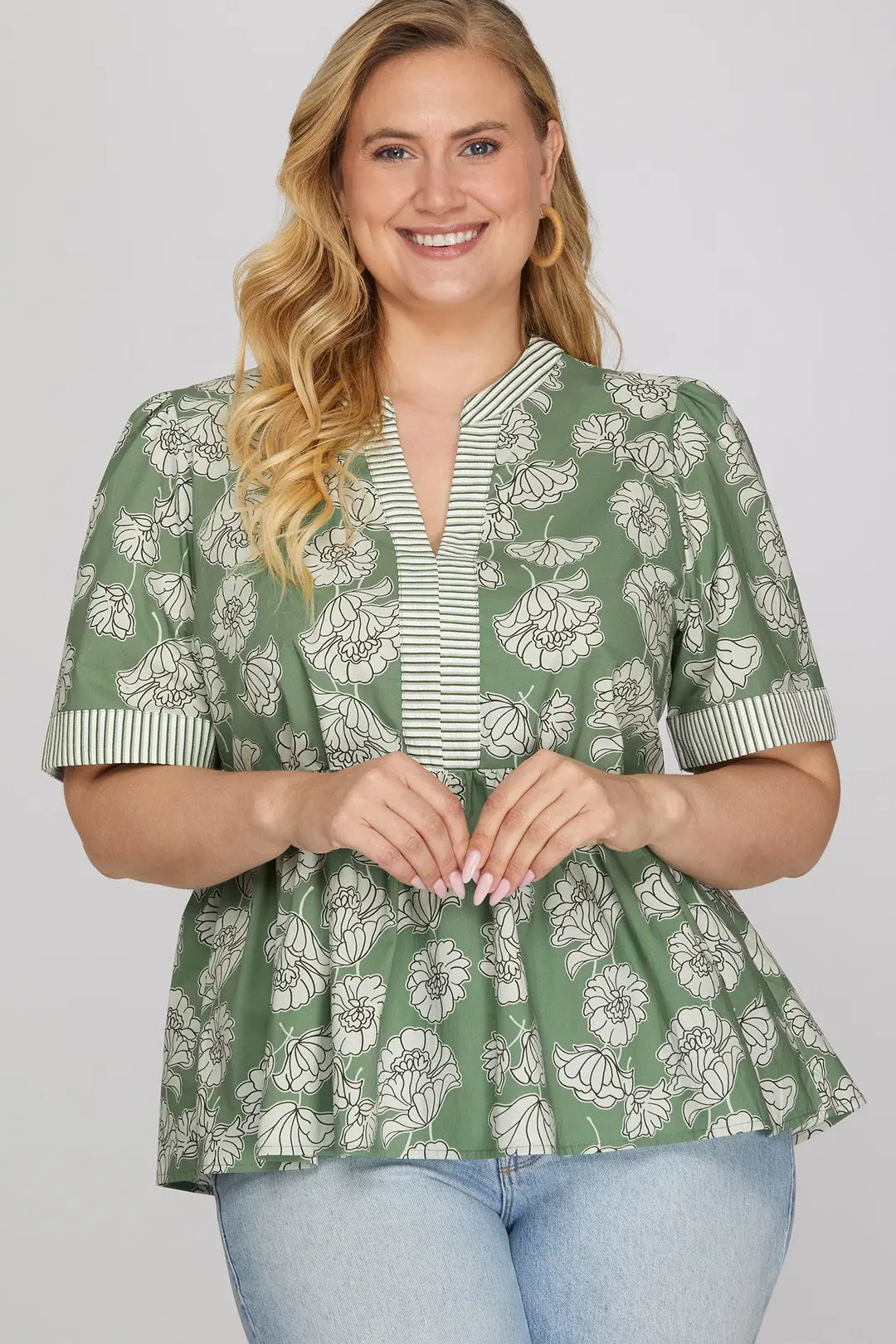 She + Sky Botanical Print Short Sleeve Top In Slate Green PLUS Sizes *COMING SOON*