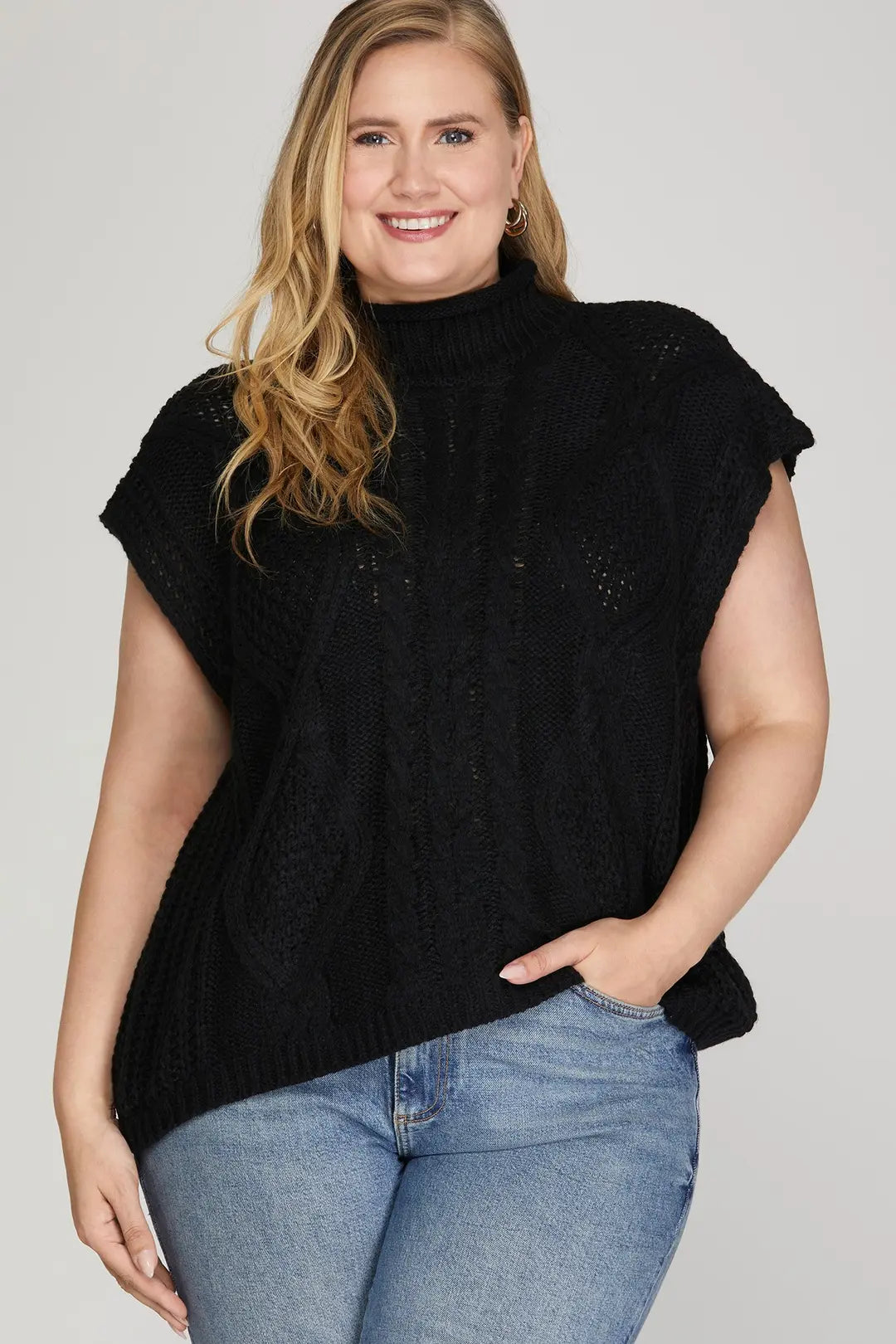 She + Sky Drop Shoulder Mock Neck Cable Sweater In Black PLUS Sizes *COMING SOON*