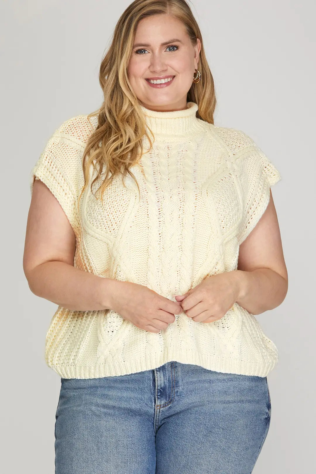 She + Sky Drop Shoulder Mock Neck Cable Sweater In Cream PLUS Sizes *COMING SOON*
