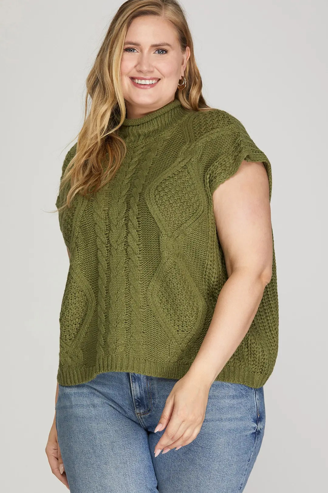 She + Sky Drop Shoulder Mock Neck Cable Sweater In Olive PLUS Sizes *COMING SOON*