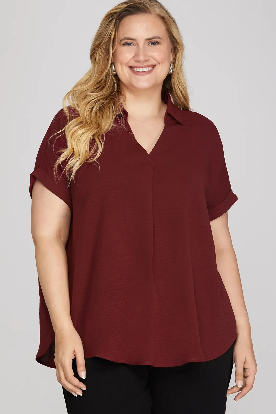 She + Sky Drop Shoulder Collared Woven Top In Garnet PLUS Sizes *COMING SOON*