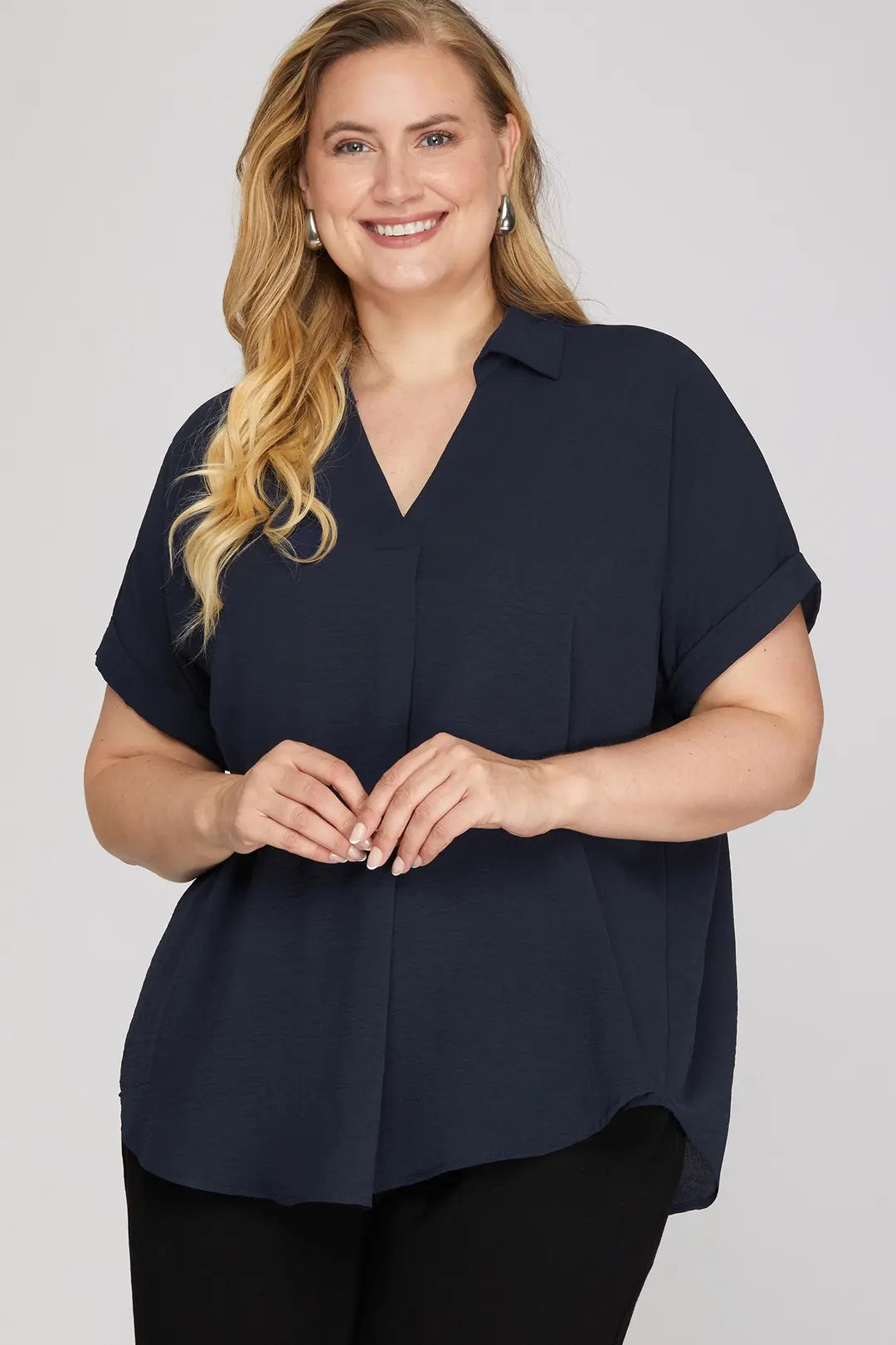 She + Sky Drop Shoulder Collared Woven Top In Navy PLUS Sizes *COMING SOON*