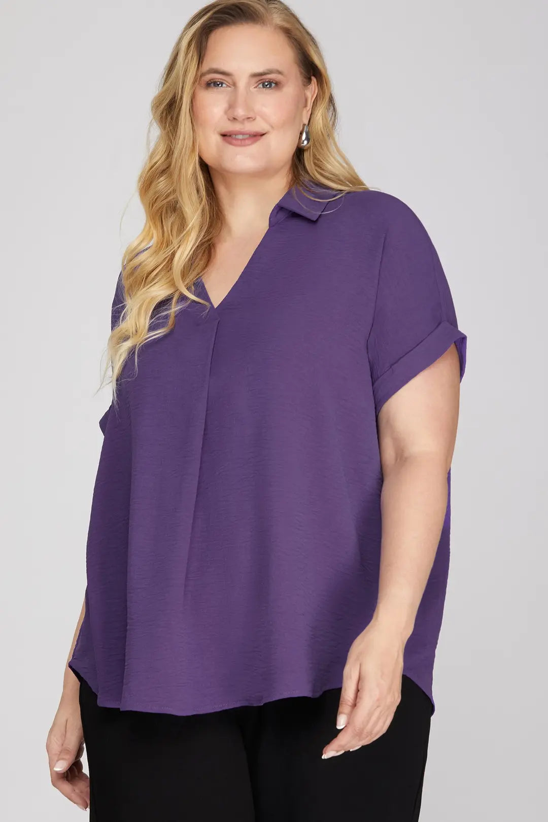 She + Sky Drop Shoulder Collared Woven Top In Purple PLUS Sizes