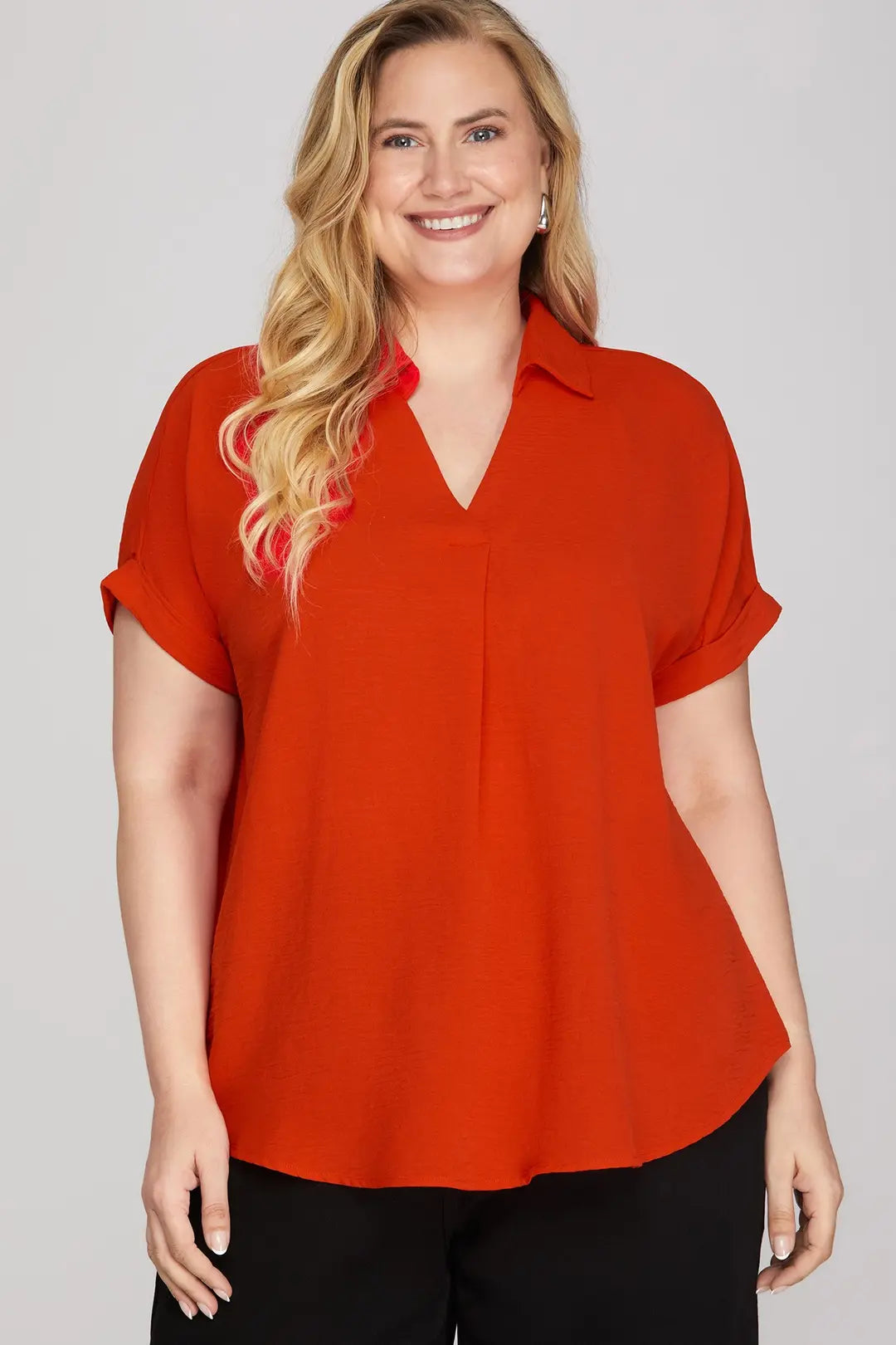 She + Sky Drop Shoulder Collared Woven Top In Red PLUS Sizes *COMING SOON*