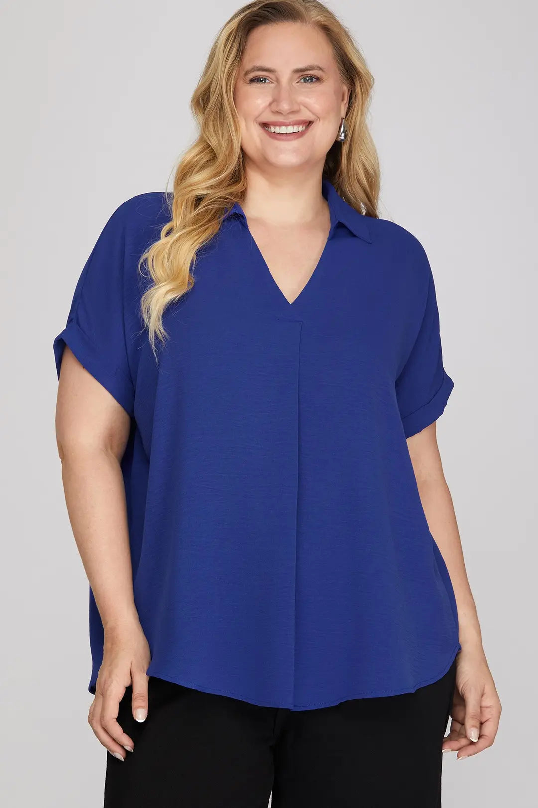 She + Sky Drop Shoulder Collared Woven Top In Royal PLUS Sizes *COMING SOON*