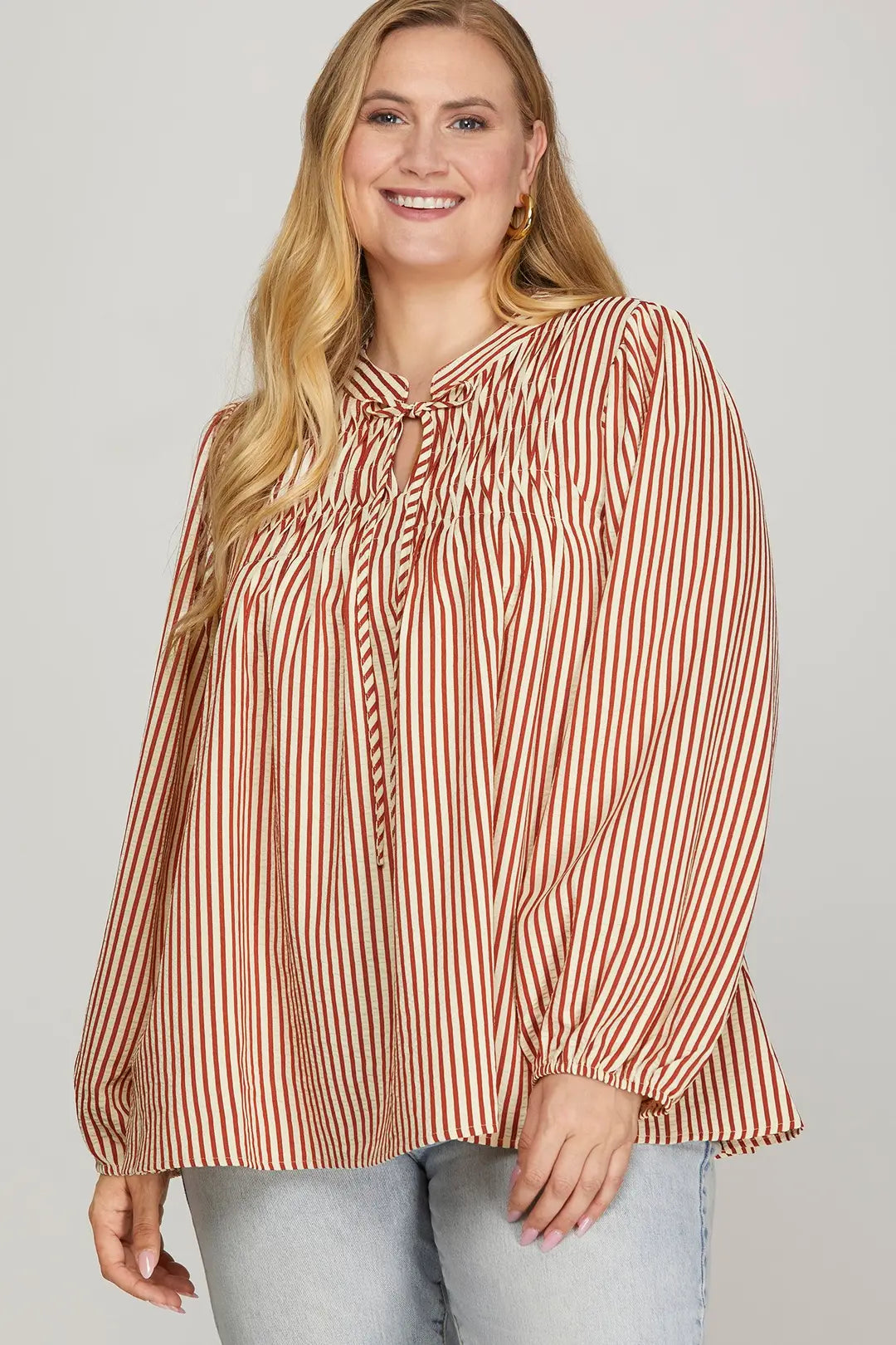 She + Sky Long Sleeve Front Tie Pintuck Top In Brick PLUS Sizes *COMING SOON*