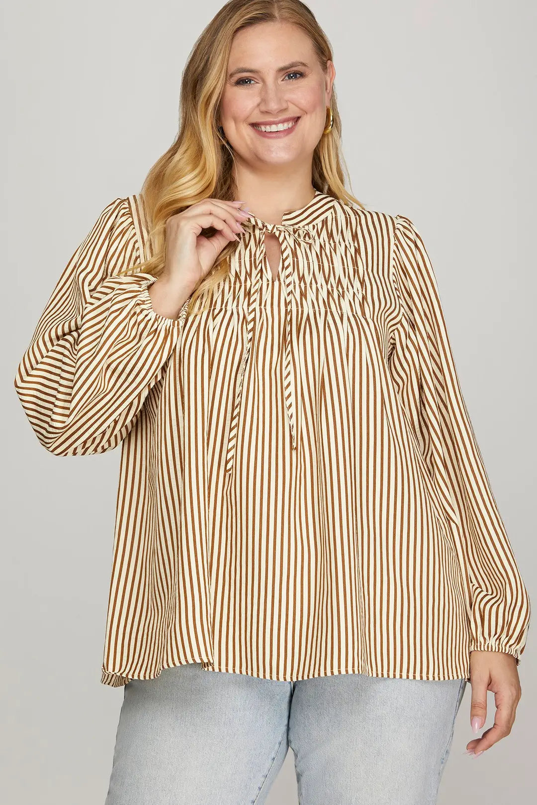 She + Sky Long Sleeve Front Tie Pintuck Top In Brown PLUS Sizes *COMING SOON*