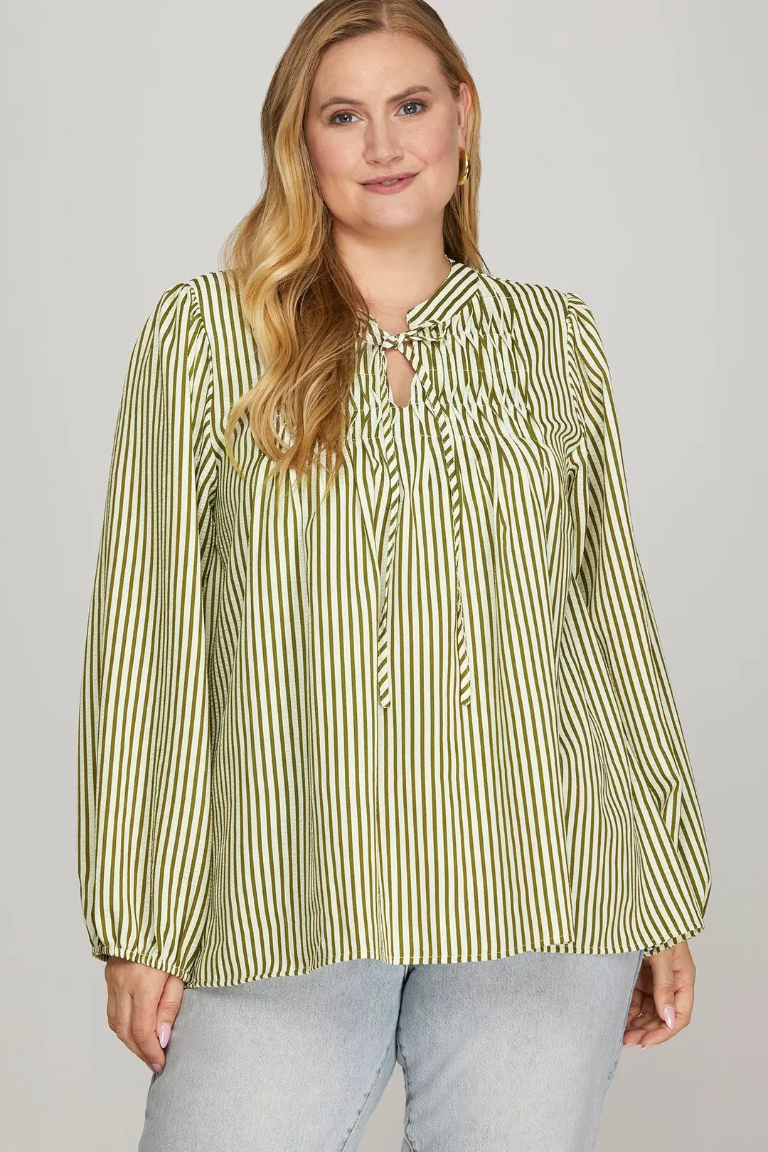 She + Sky Long Sleeve Front Tie Pintuck Top In Olive PLUS Sizes *COMING SOON*