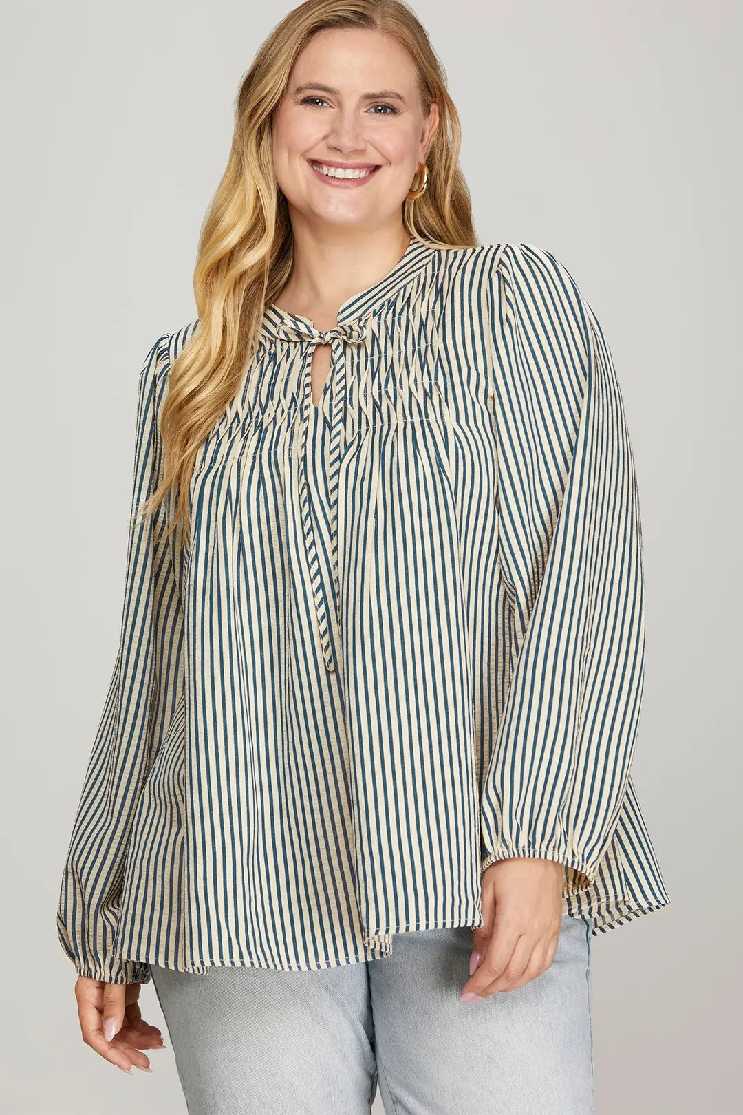 She + Sky Long Sleeve Front Tie Pintuck Top In Teal PLUS Sizes *COMING SOON*