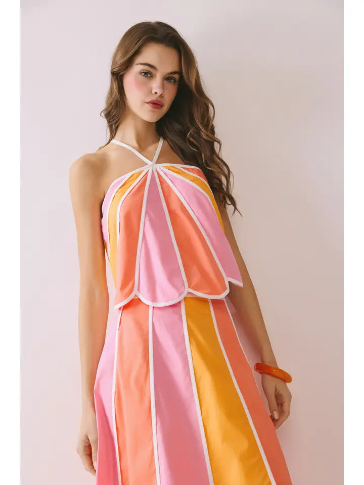 TCEC Pink Color Block Paneled Design Halter Top & Midi Skirt