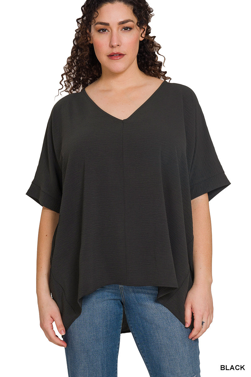 Zenana PLUS Woven Airflow V Neck Top