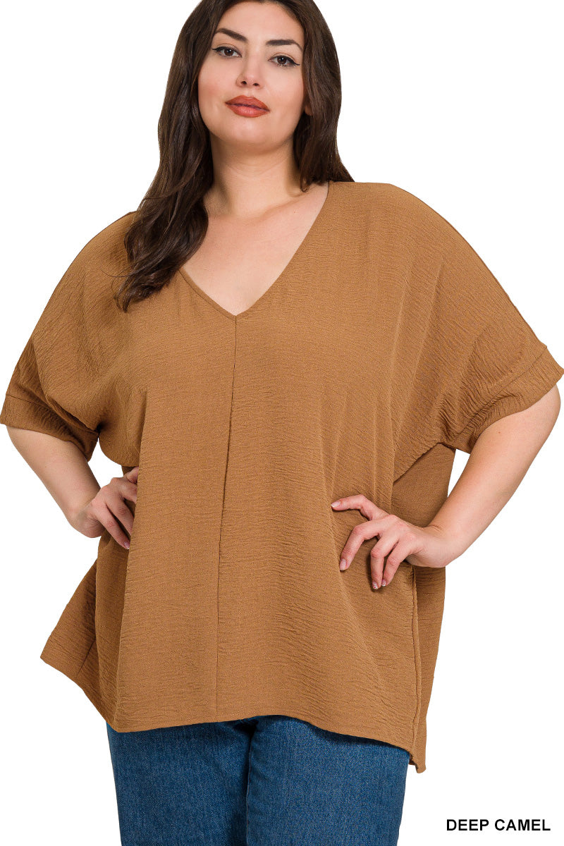 Zenana PLUS Woven Airflow V Neck Top