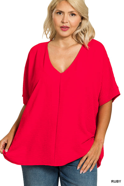 Zenana PLUS Woven Airflow V Neck Top