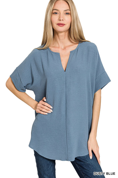 Zenana Woven Airflow Split Neck Top