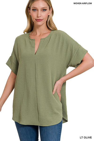 Zenana Woven Airflow Split Neck Top
