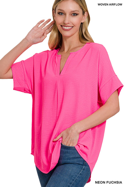 Zenana Woven Airflow Split Neck Top