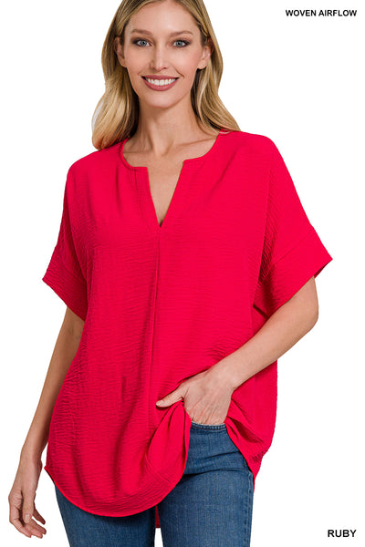 Zenana Woven Airflow Split Neck Top