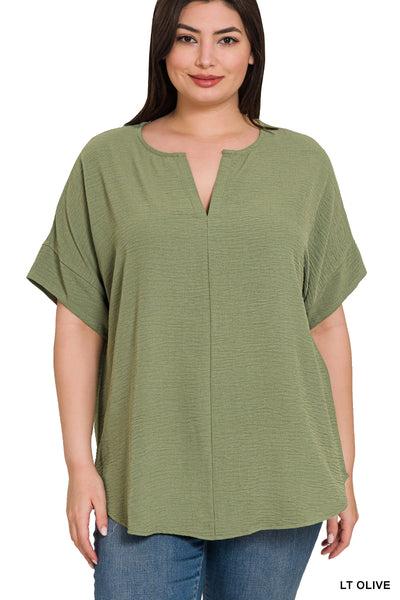 Zenana PLUS Woven Airflow Split Neck Top