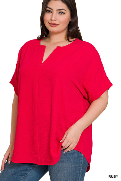 Zenana PLUS Woven Airflow Split Neck Top
