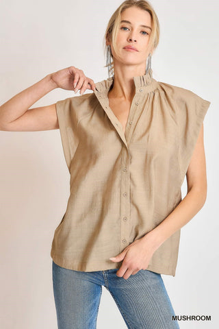 Umgee Solid Woven High Neck Ruffle Top In Mushroom