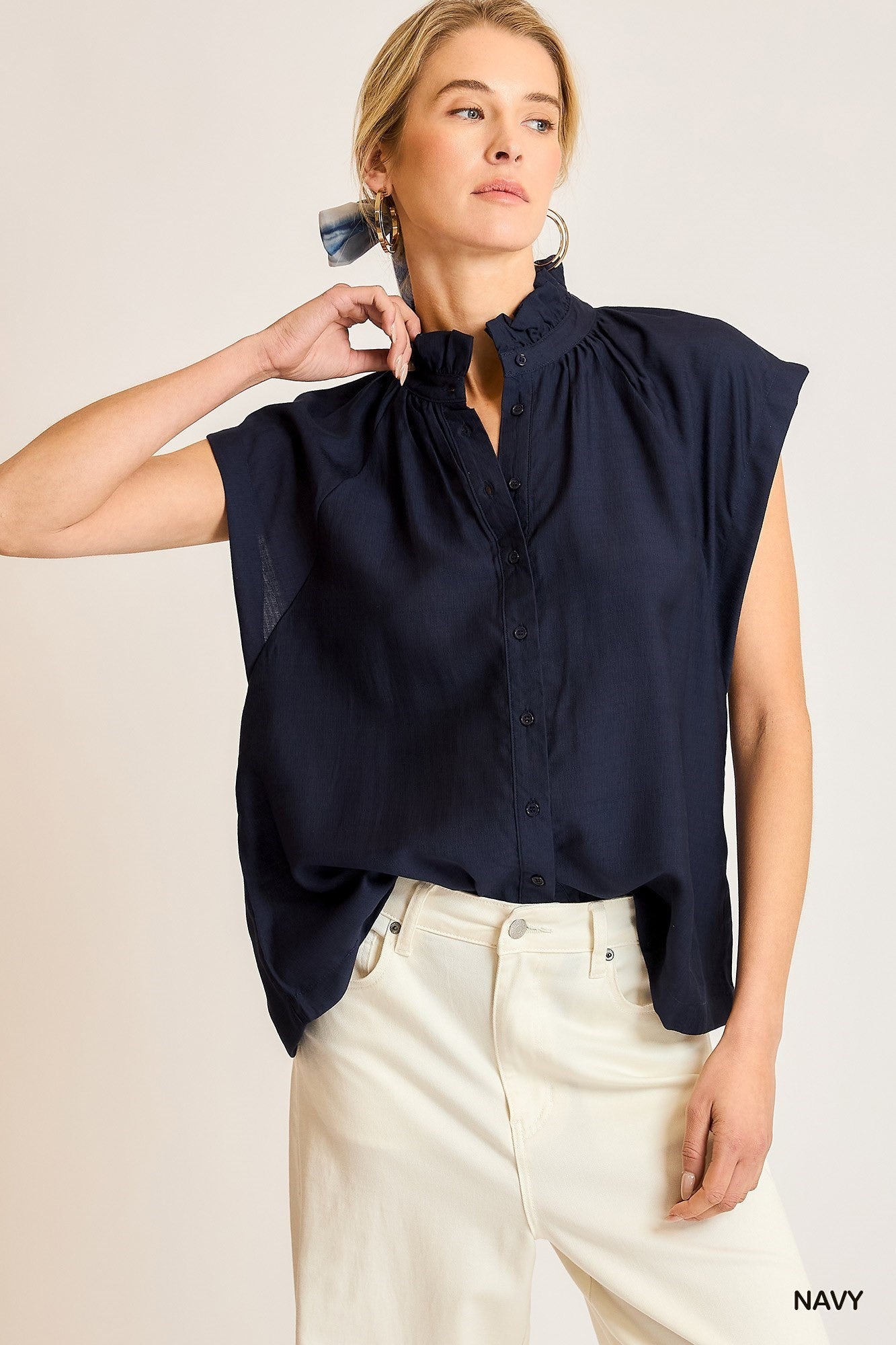 Umgee Solid Woven High Neck Ruffle Top In Navy