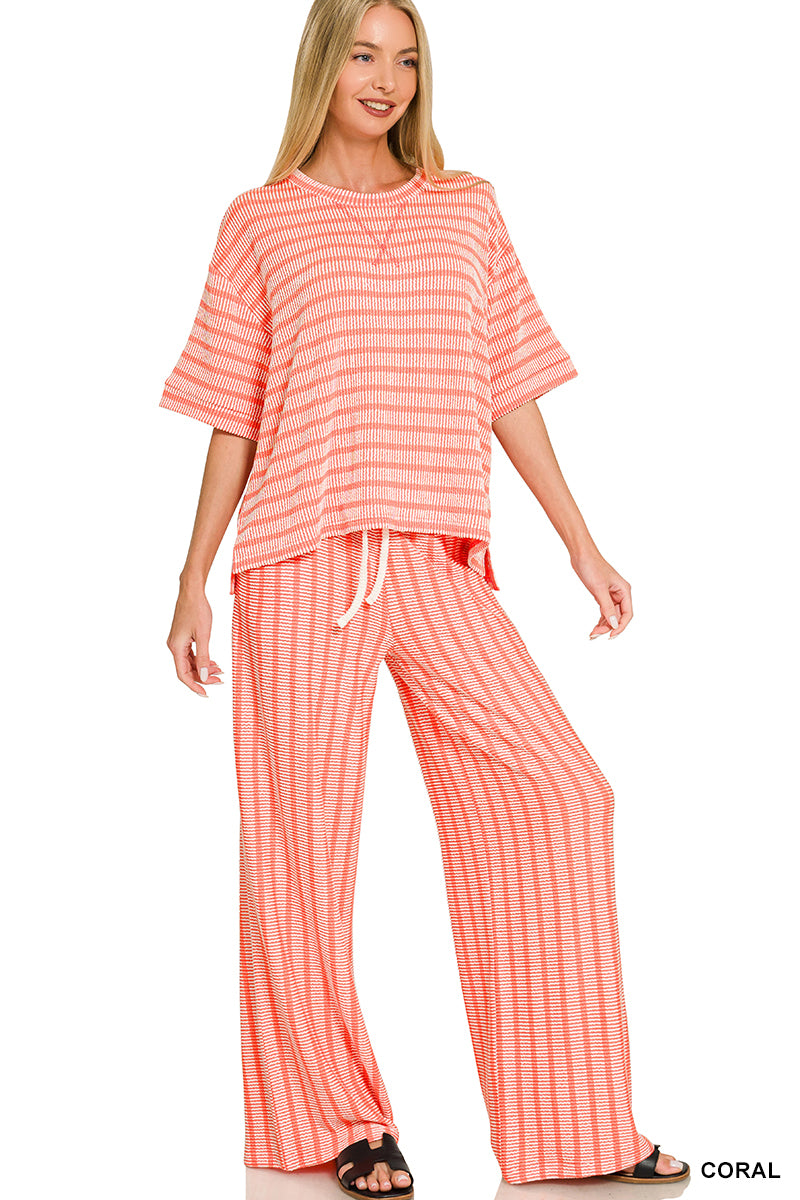 Zenana Raised Rib Short Sleeve Striped Set *COMING SOON*