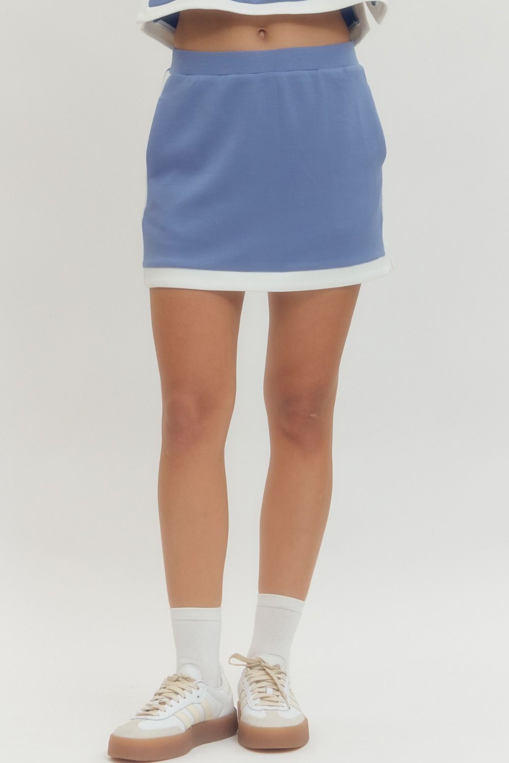 ENTRO Solid Knit Skirt With Contrast Hem In Chambray