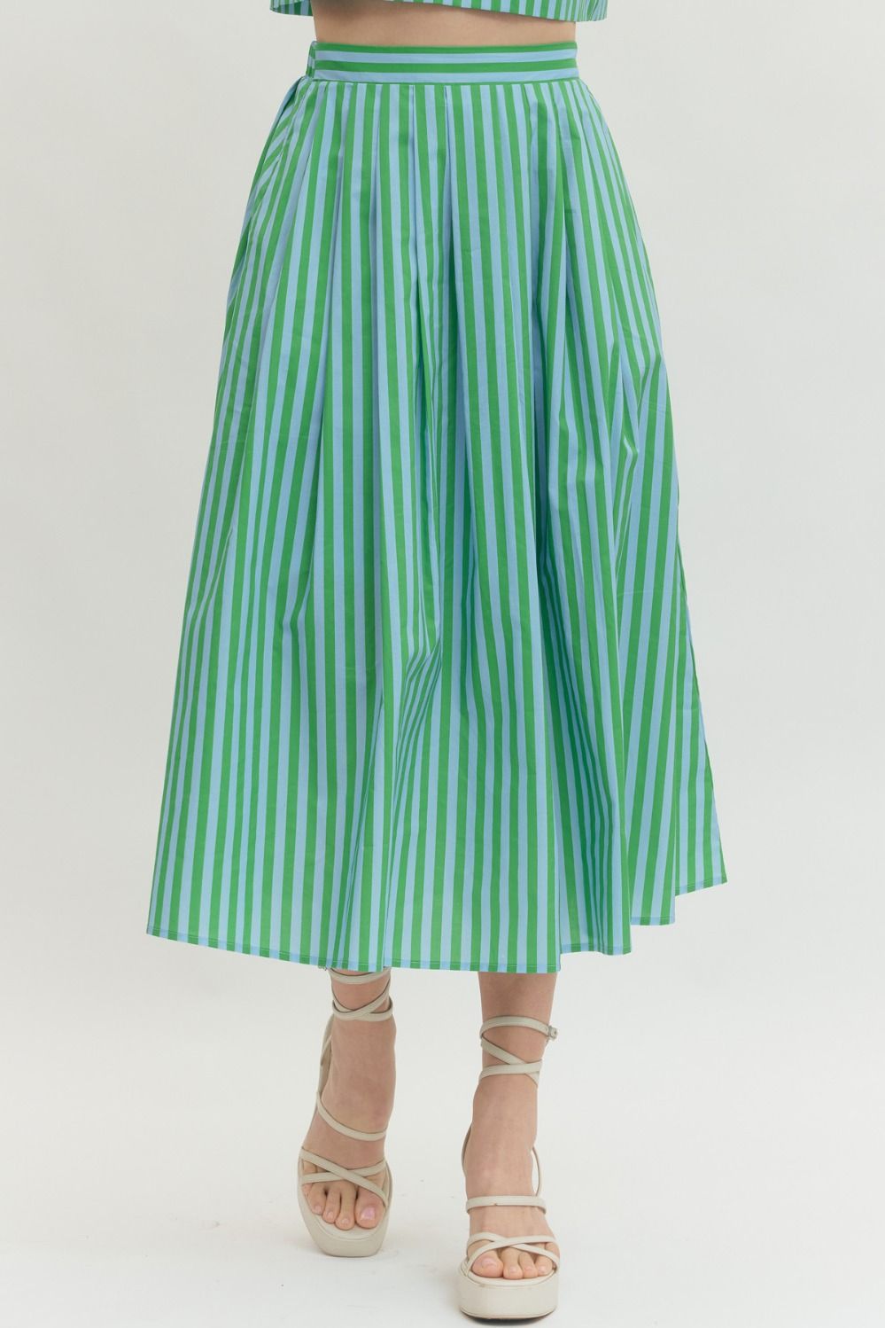 ENTRO Striped Midi Skirt In Green Sky