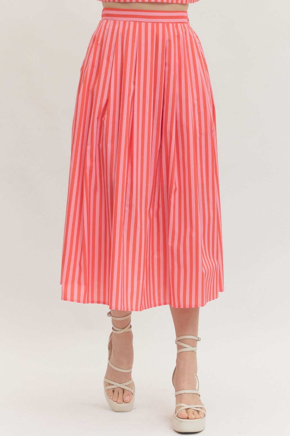 ENTRO Striped Midi Skirt In Orange Pink