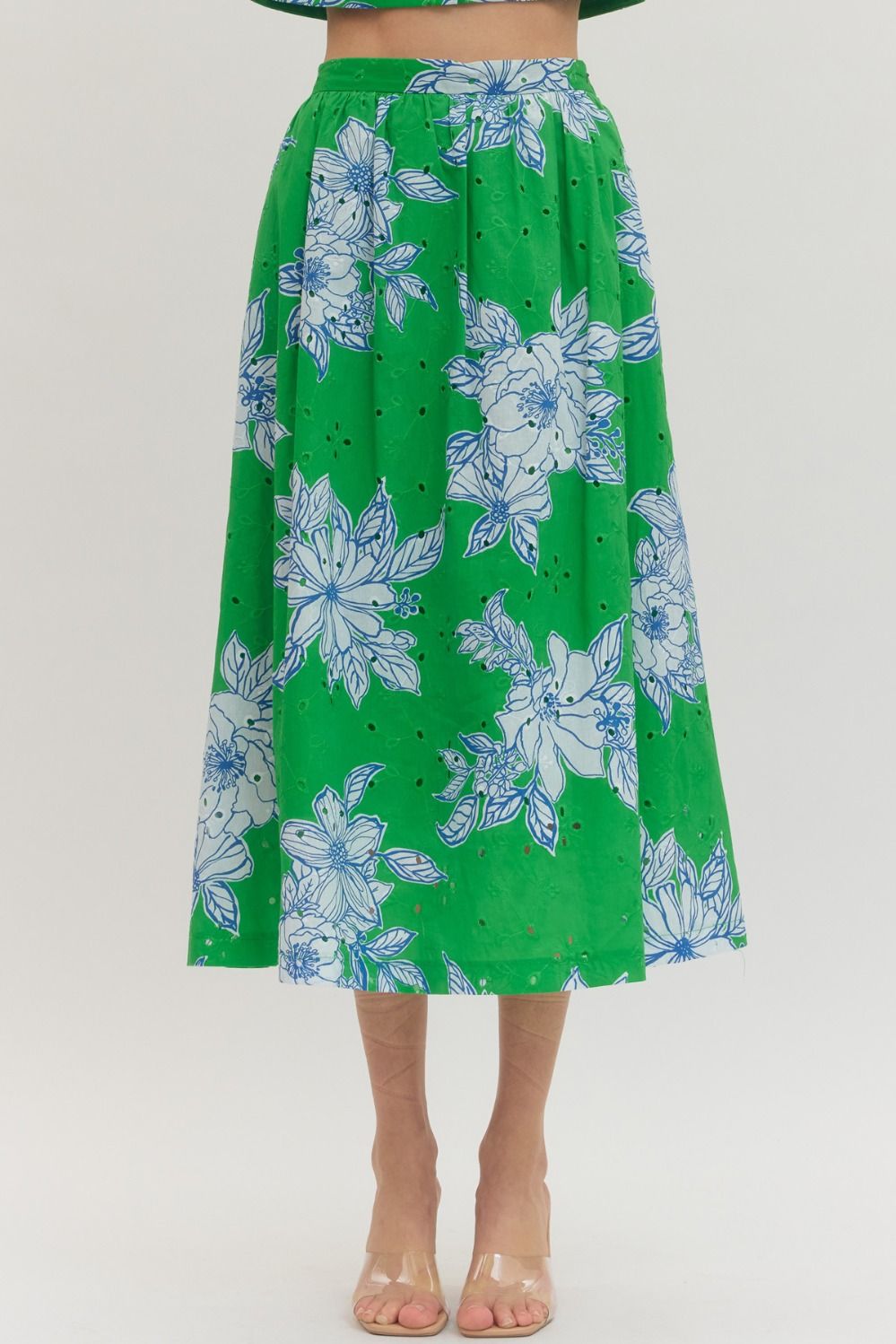 ENTRO Botanical Print Eyelet Midi Skirt In Green